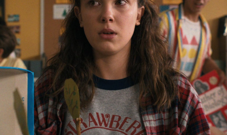 Strawberry Print Grey T-Shirt Worn by Millie Bobby Brown as Eleven / Jane Hopper ("El") Outfit Stranger Things TV Show