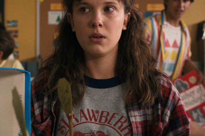 Strawberry Print Grey T-Shirt Worn by Millie Bobby Brown as Eleven / Jane Hopper ("El") Outfit Stranger Things TV Show