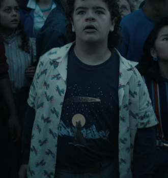 Wolf and Moon with Stars Print T-Shirt Worn by Gaten Matarazzo as Dustin Henderson Outfit Stranger Things TV Show