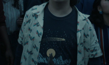 Wolf and Moon with Stars Print T-Shirt Worn by Gaten Matarazzo as Dustin Henderson Outfit Stranger Things TV Show