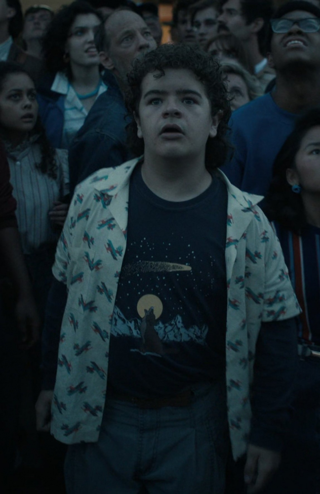 Wolf and Moon with Stars Print T-Shirt Worn by Gaten Matarazzo as Dustin Henderson from Stranger Things TV Show