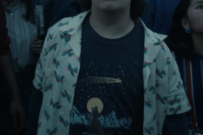 Wolf and Moon with Stars Print T-Shirt Worn by Gaten Matarazzo as Dustin Henderson Outfit Stranger Things TV Show