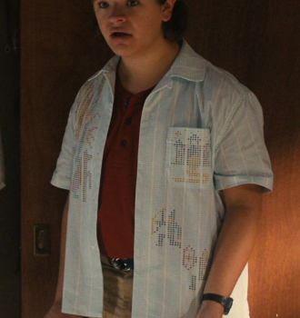 Retro Geek Gamer Pattern Shirt Worn by Gaten Matarazzo as Dustin Henderson Outfit Stranger Things TV Show