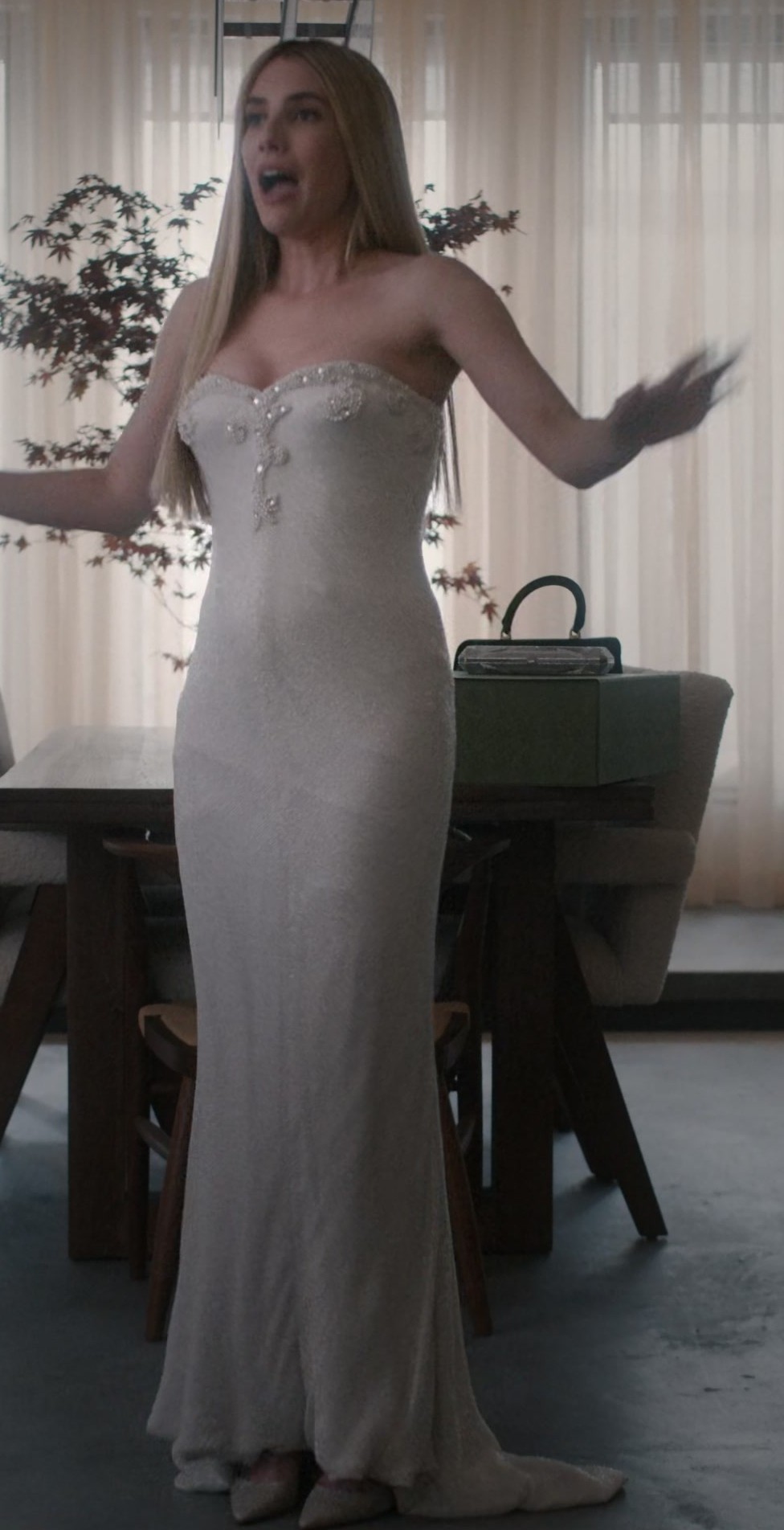 Worn on American Horror Story TV Show - Evening Strapless Maxi Dress Worn by Emma Roberts as Anna Victoria Alcott