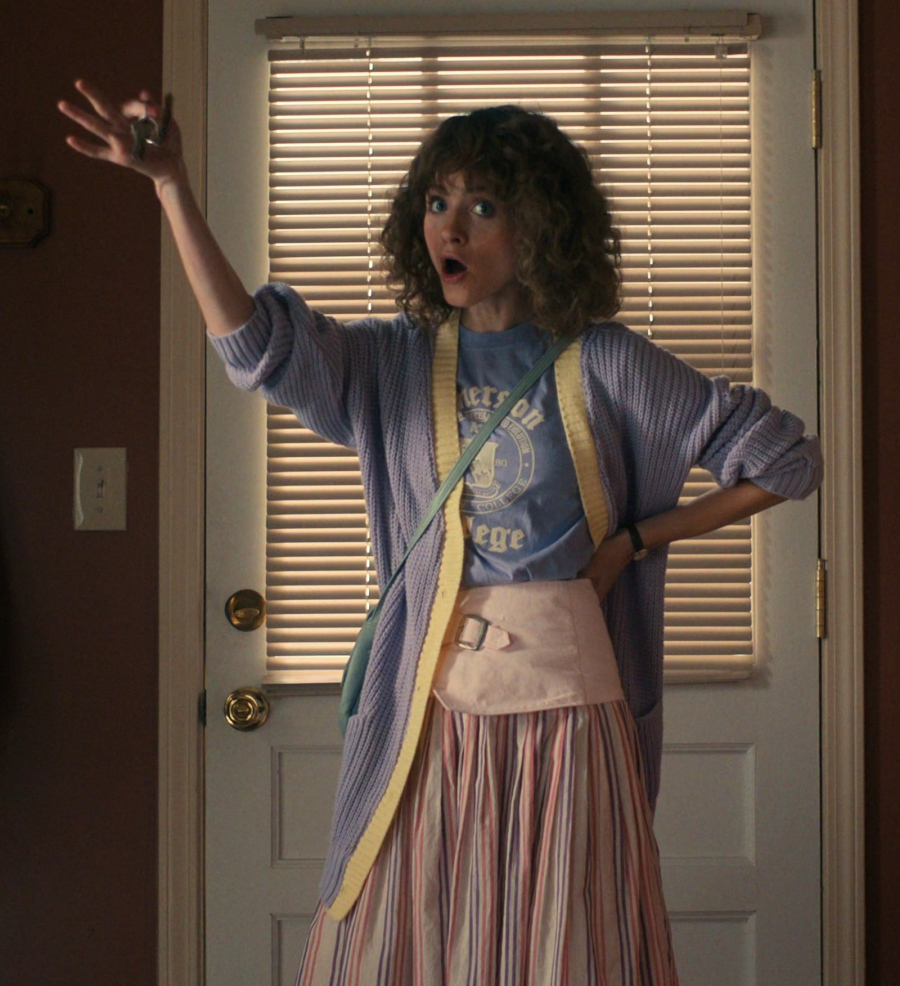 Lavender / Yellow Knitted Cardigan Worn by Natalia Dyer as Nancy Wheeler
