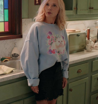 Cat Print Blue Sweatshirt Worn by Teryl Rothery as Muriel St. Claire Outfit Virgin River TV Show