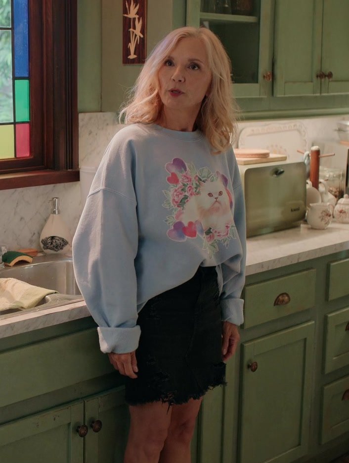 Cat Print Blue Sweatshirt Worn by Teryl Rothery as Muriel St. Claire from Virgin River TV Show