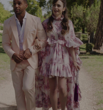 Pink Floral Pattern Dress Worn by Lily Collins as Emily Cooper Outfit Emily in Paris TV Show