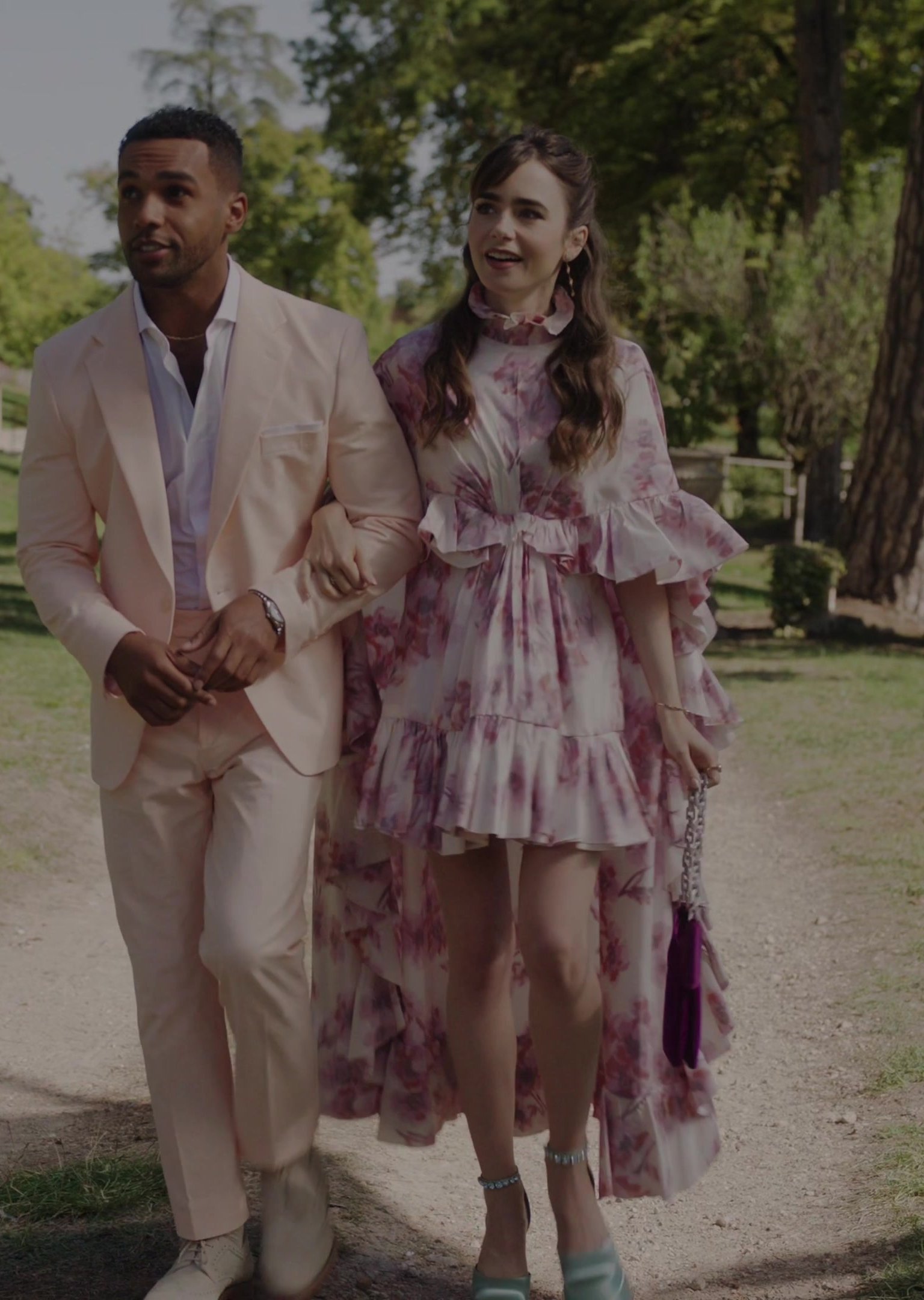 Pink Floral Pattern Dress Worn by Lily Collins as Emily Cooper