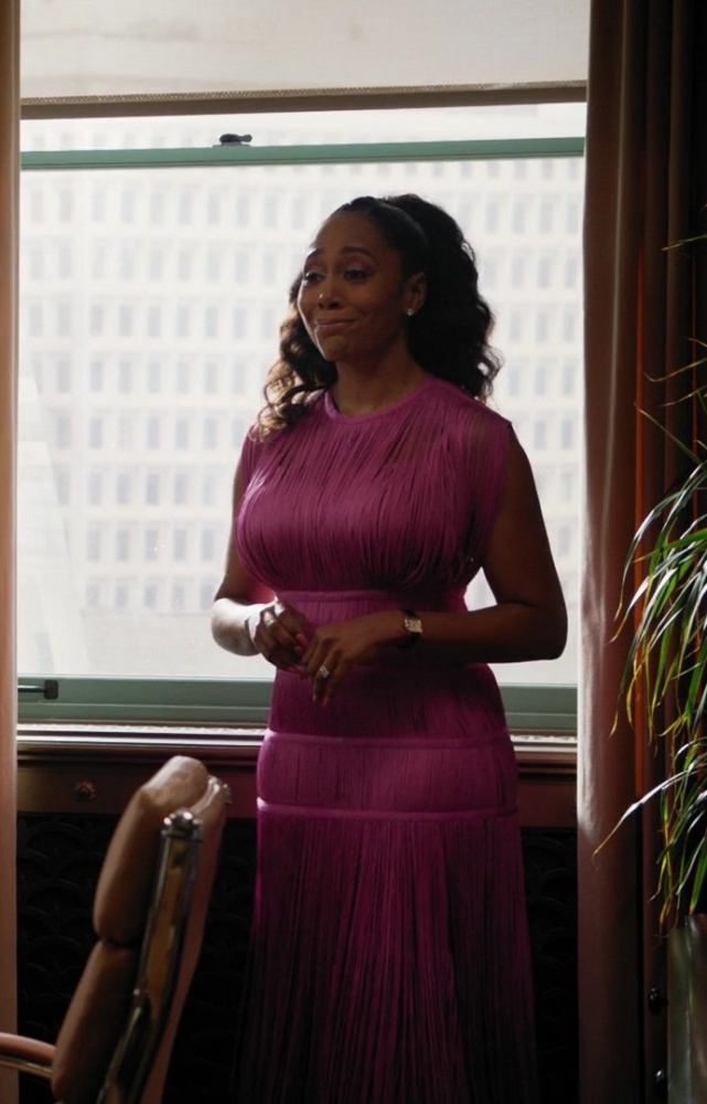 Pink Banded Fringe Gown of Simone Missick as Lola Carmichael