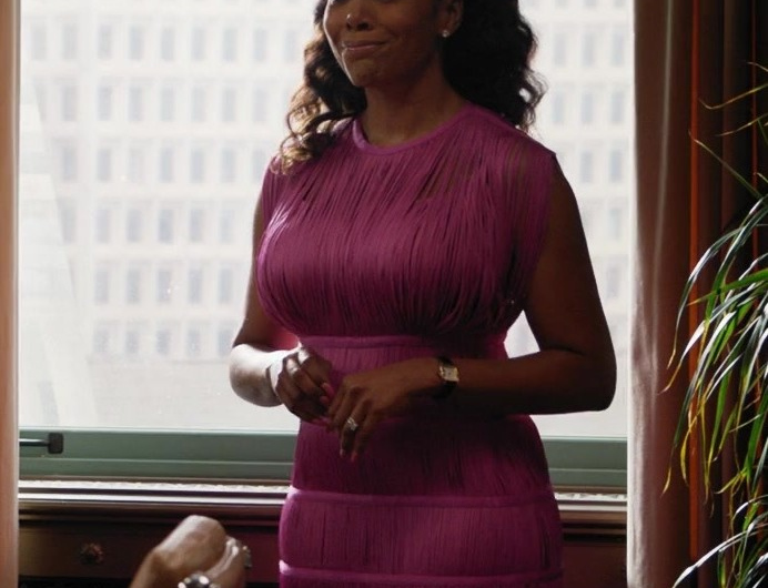 Pink Banded Fringe Gown of Simone Missick as Lola Carmichael