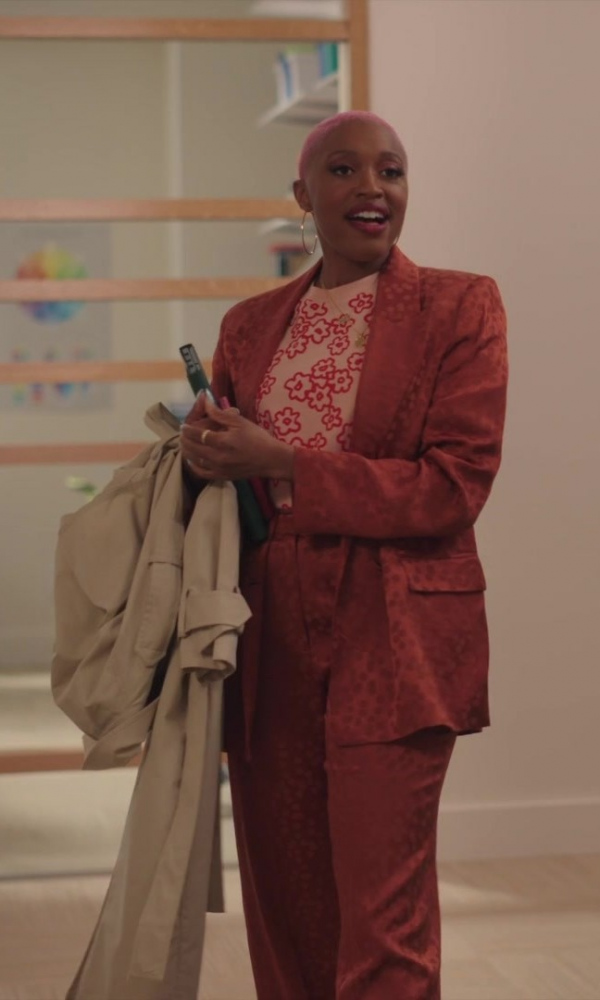red jacquard blazer and trousers set - Travina Springer (Kylie) - The Irrational TV Show