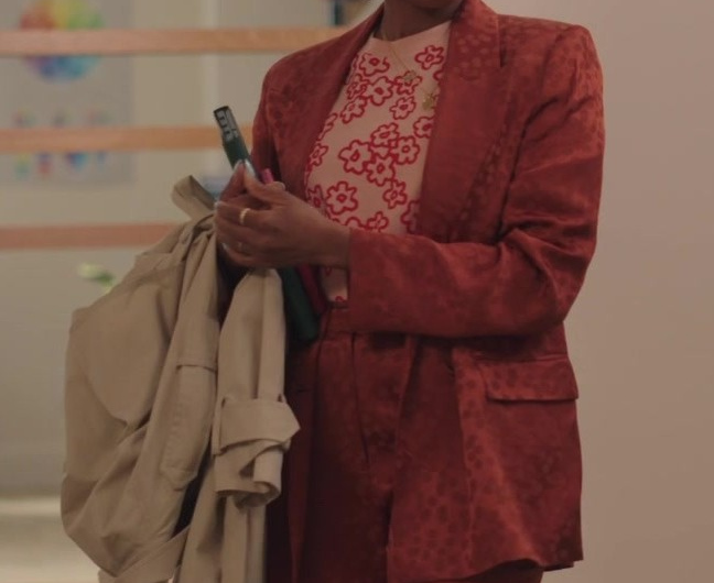 Red Jacquard Blazer and Trousers Set Worn by Travina Springer as Kylie