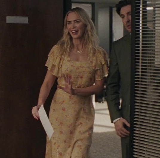 Yellow Floral Ruffle Trim Midi Dress of Emily Blunt as Liza Drake