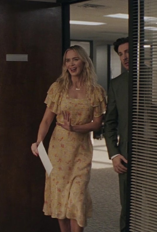 yellow floral ruffle trim midi dress - Emily Blunt (Liza Drake) - Pain Hustlers (2023) Movie