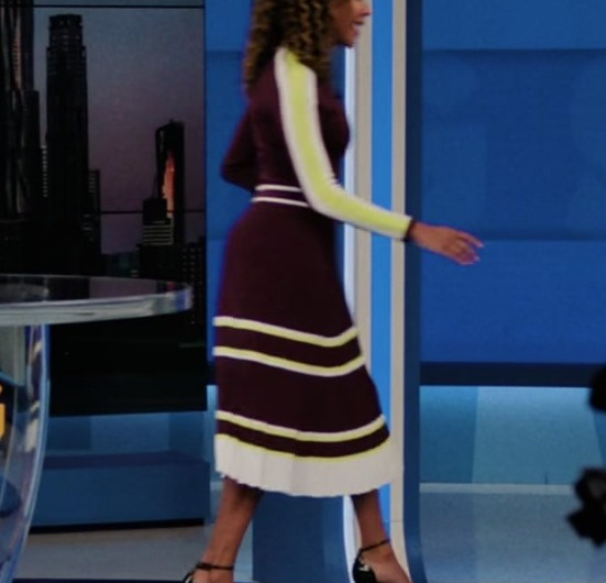 Burgundy Midi Dress with Contrasting Cream Stripes and Long Sleeves Worn by Nicole Beharie as Christina Hunter