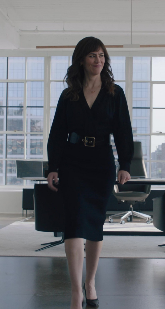 V-Neck Belted Midi Dress with Long Sleeves Worn by Maggie Siff as Wendy Rhoades