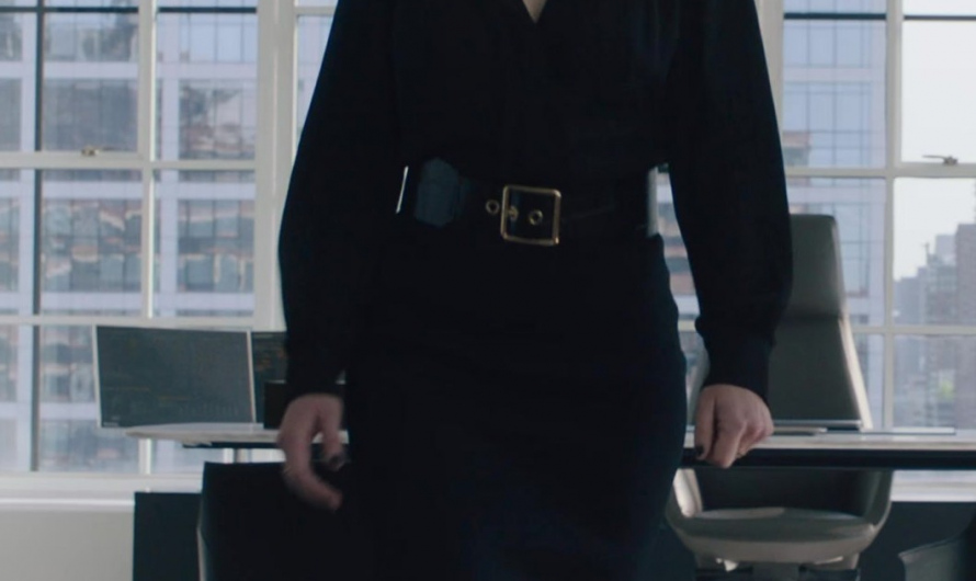 V-Neck Belted Midi Dress with Long Sleeves Worn by Maggie Siff as Wendy Rhoades