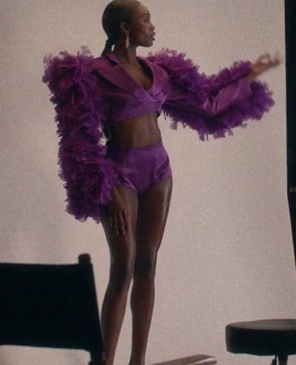 Purple Ruffled Feather Jacket with Matching High-Waist Shorts Set of Laura Kariuki as Vivian Lee Finch