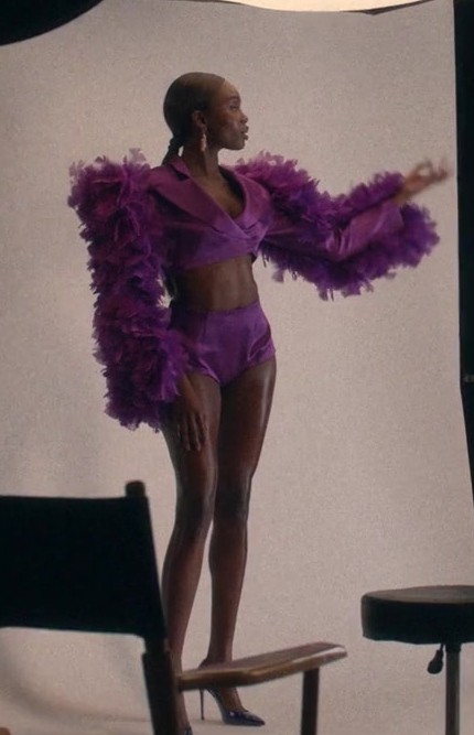 Worn on American Horror Stories TV Show - Purple Ruffled Feather Jacket with Matching High-Waist Shorts Set of Laura Kariuki as Vivian Lee Finch