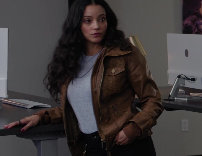 Distressed Tan Leather Moto Jacket Worn by Gabrielle Walsh as Lacey Quinn