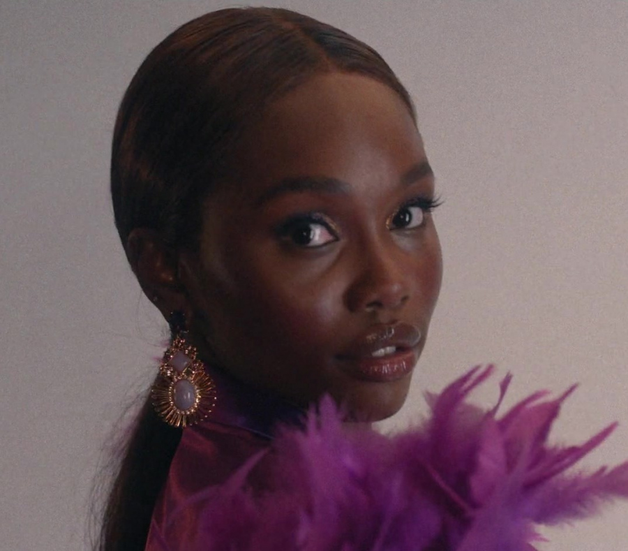 gold-tone radiant sunburst earrings with central opalescent stone - Laura Kariuki (Vivian Lee Finch) - American Horror Stories TV Show