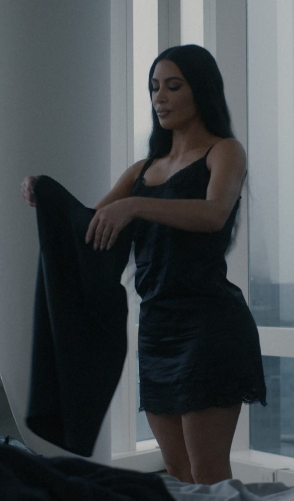 Black Satin Slip Dress with Lace Trim Detail Worn by Kim Kardashian as Siobhan Corbyn