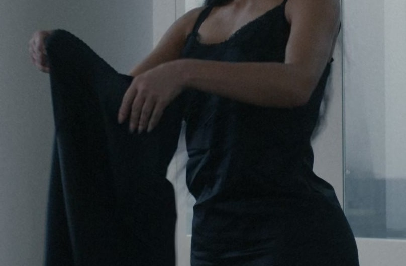 Black Satin Slip Dress with Lace Trim Detail Worn by Kim Kardashian as Siobhan Corbyn
