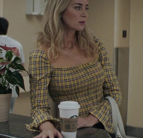Yellow and Black Plaid Square Neck Long Sleeve Blouse of Emily Blunt as Liza Drake