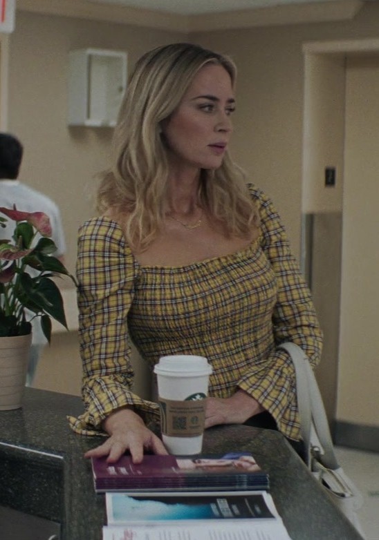 yellow and black plaid square neck long sleeve blouse - Emily Blunt (Liza Drake) - Pain Hustlers (2023) Movie