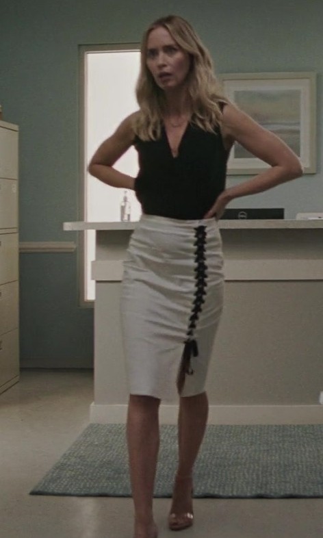 Worn on Pain Hustlers (2023) Movie - White Lace Up Pencil Skirt of Emily Blunt as Liza Drake
