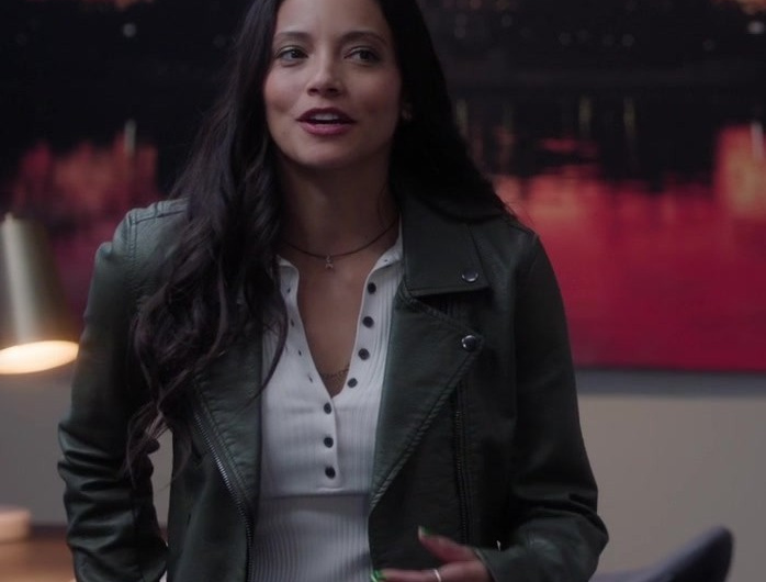 Green Leather Moto Jacket Worn by Gabrielle Elise Walsh as Lacey Quinn