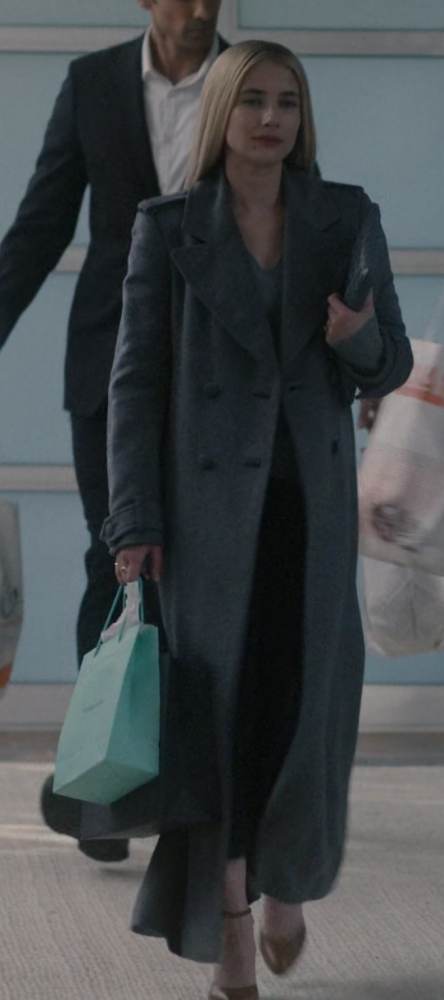 Charcoal Grey Double-Breasted Long Coat Worn by Emma Roberts as Anna Victoria Alcott