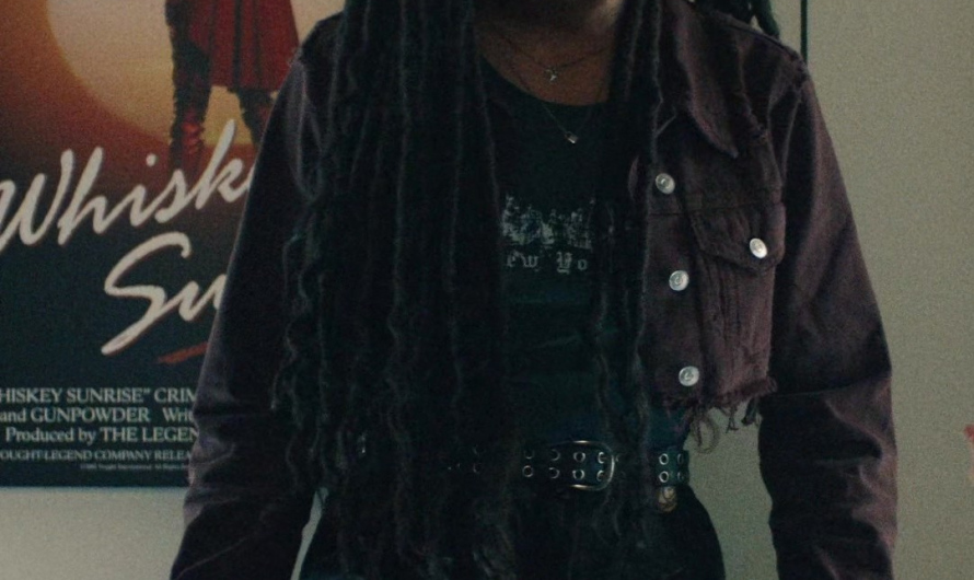 Cropped Distressed Burgundy Denim Jacket Worn by Jaz Sinclair as Marie Moreau