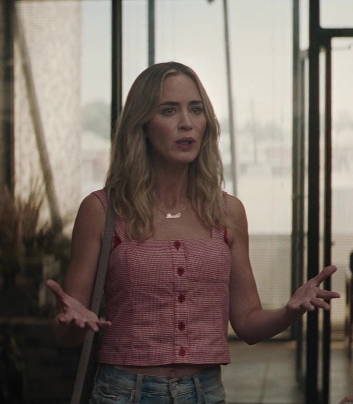 Worn on Pain Hustlers (2023) Movie - Red Gingham Sleeveless Button-Front Crop Top Worn by Emily Blunt as Liza Drake