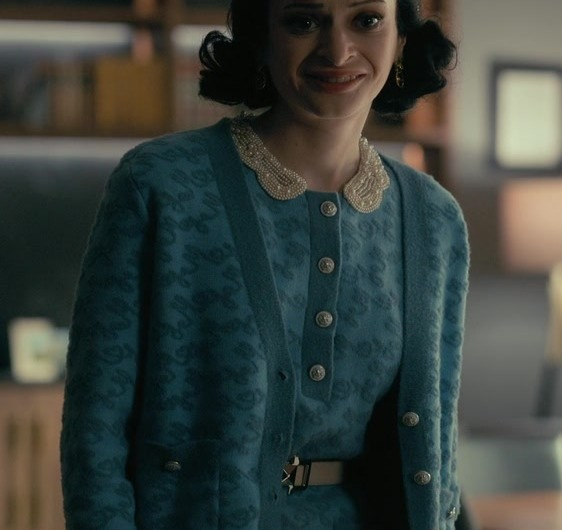 Vintage Teal Jacquard Cardigan Worn by Kyliegh Curran as Lenore Usher