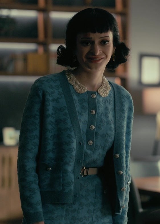 Vintage Teal Jacquard Cardigan Worn by Kyliegh Curran as Lenore Usher