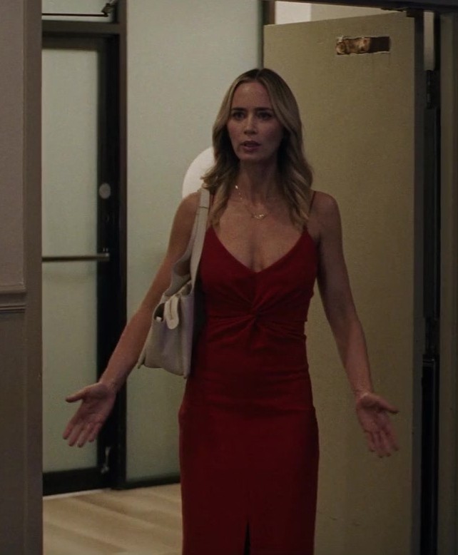 deep v-neck twist front sleeveless dress - Emily Blunt (Liza Drake) - Pain Hustlers (2023) Movie