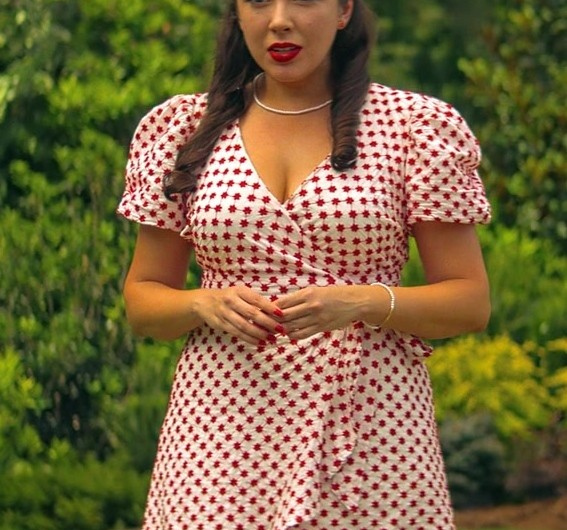 Red and White Star Print Wrap Dress with Flutter Sleeves Worn by Charity Cervantes as Isabel Feathers / Immortus
