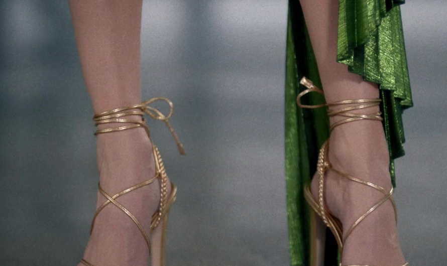 Gold Strappy Lace-Up High Heel Sandals Worn by Hazel Graye as Heather Billings