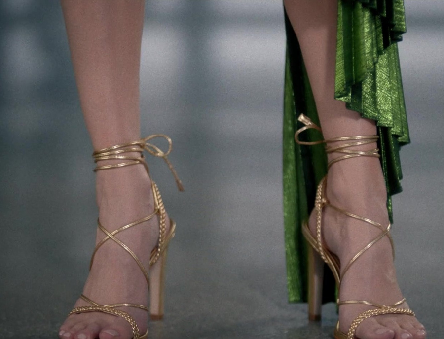 Gold Strappy Lace-Up High Heel Sandals Worn by Hazel Graye as Heather Billings