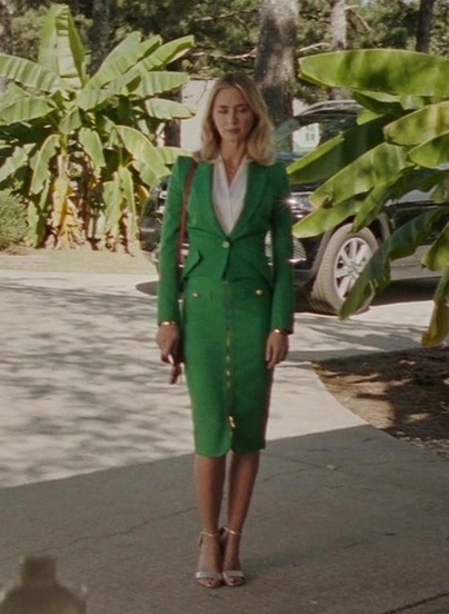 Worn on Pain Hustlers (2023) Movie - Emerald Green Double-Breasted Blazer and Pencil Skirt Suit Set of Emily Blunt as Liza Drake
