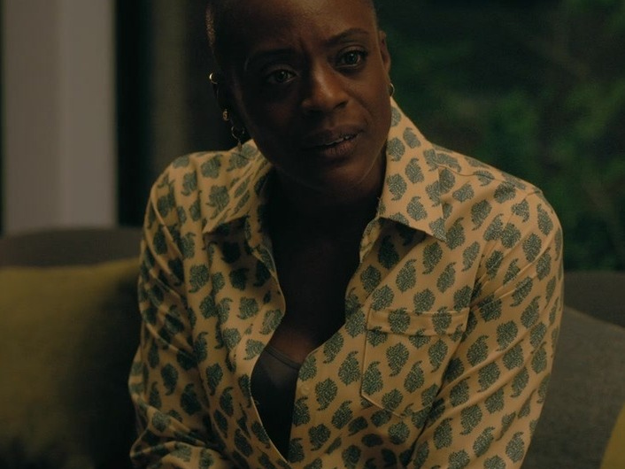 Pale Yellow Blouse with Teal Leaf Patterns of T’Nia Miller as Victorine LaFourcade