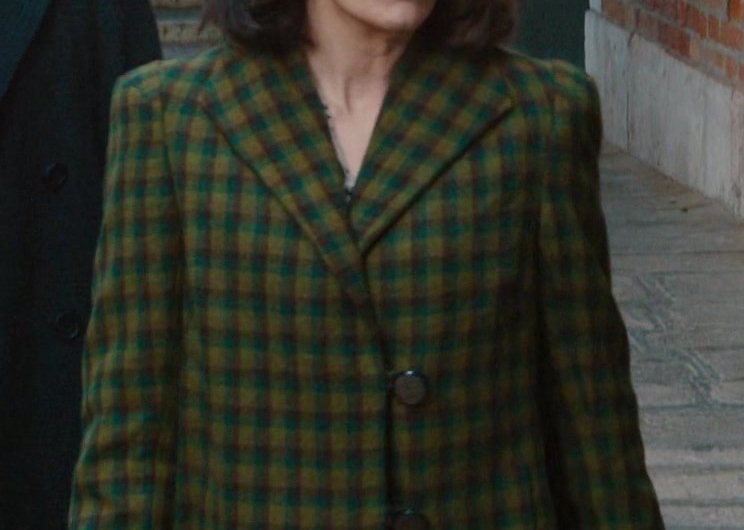 Green and Yellow Plaid Long Coat with Button Closure Worn by Tina Fey as Ariadne Oliver