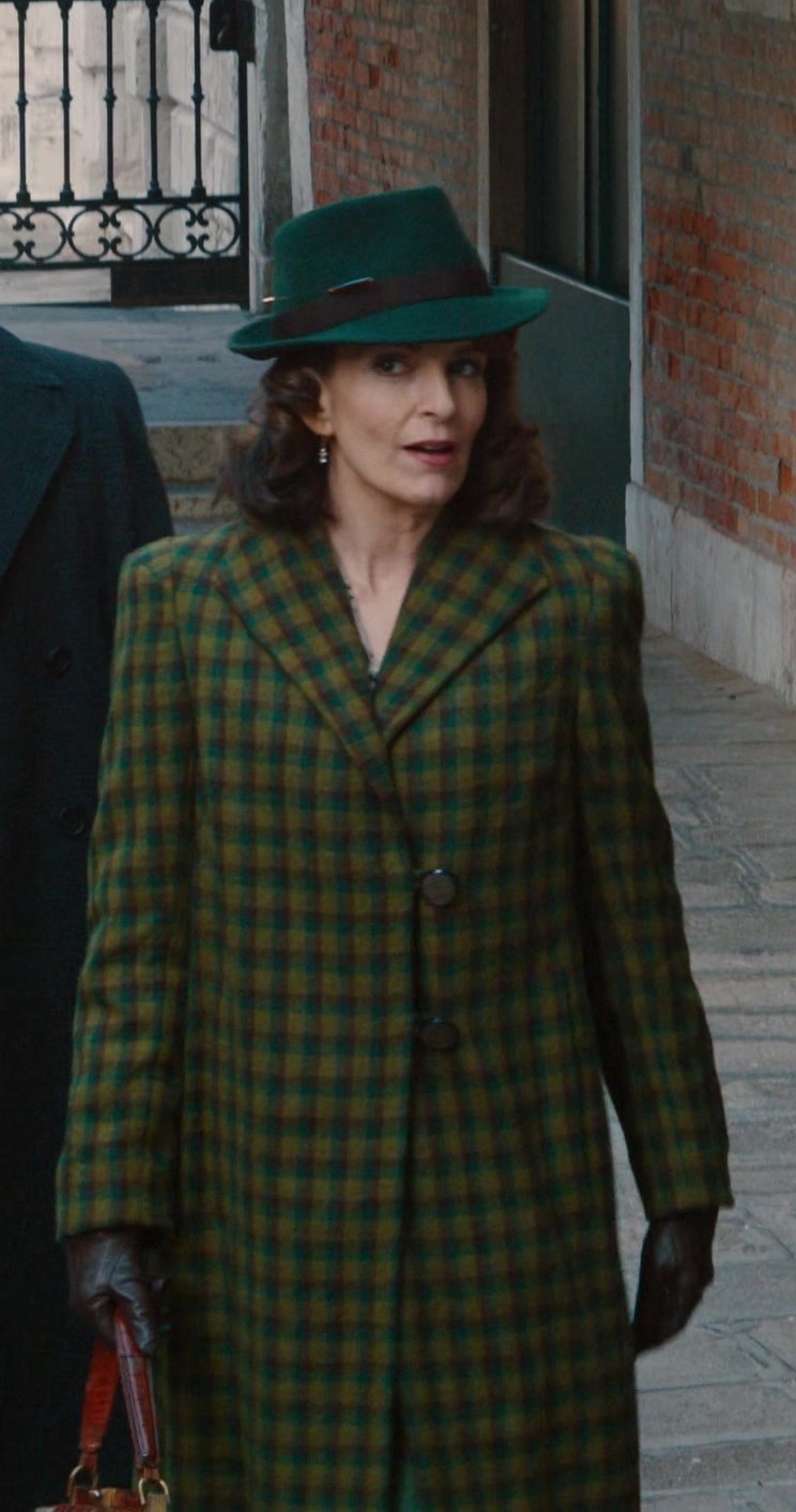 Worn on A Haunting in Venice (2023) Movie - Green and Yellow Plaid Long Coat with Button Closure Worn by Tina Fey as Ariadne Oliver