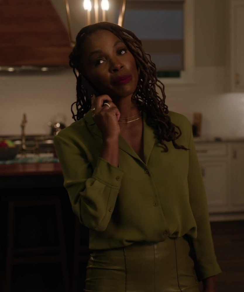 Olive Green V-Neck Button-Front Blouse Worn by Shanola Hampton as Gabi Mosely