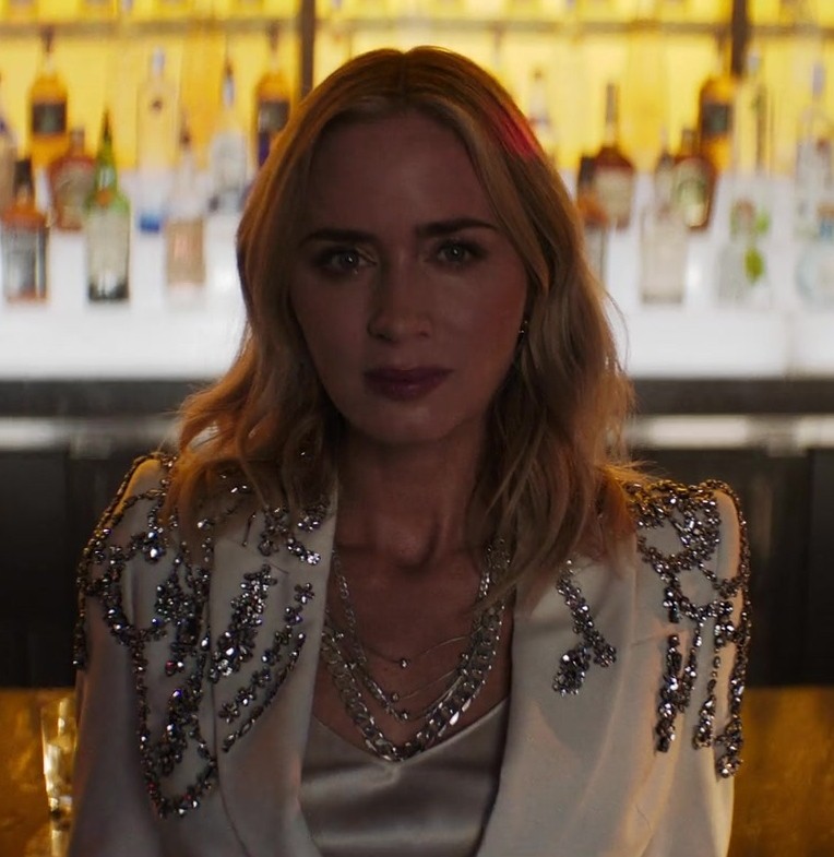 layered silver chain necklace - Emily Blunt (Liza Drake) - Pain Hustlers (2023) Movie