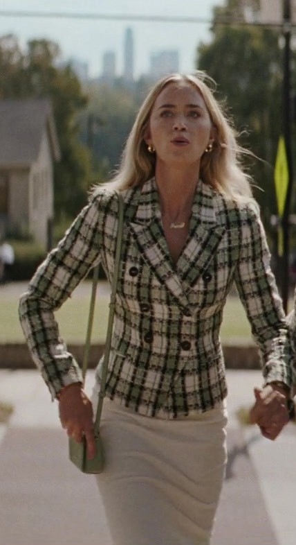 Worn on Pain Hustlers (2023) Movie - Plaid Double-Breasted Fitted Blazer of Emily Blunt as Liza Drake