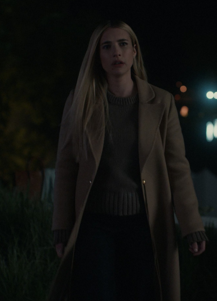 tailored beige overcoat with gold button details - Emma Roberts (Anna Victoria Alcott) - American Horror Story TV Show