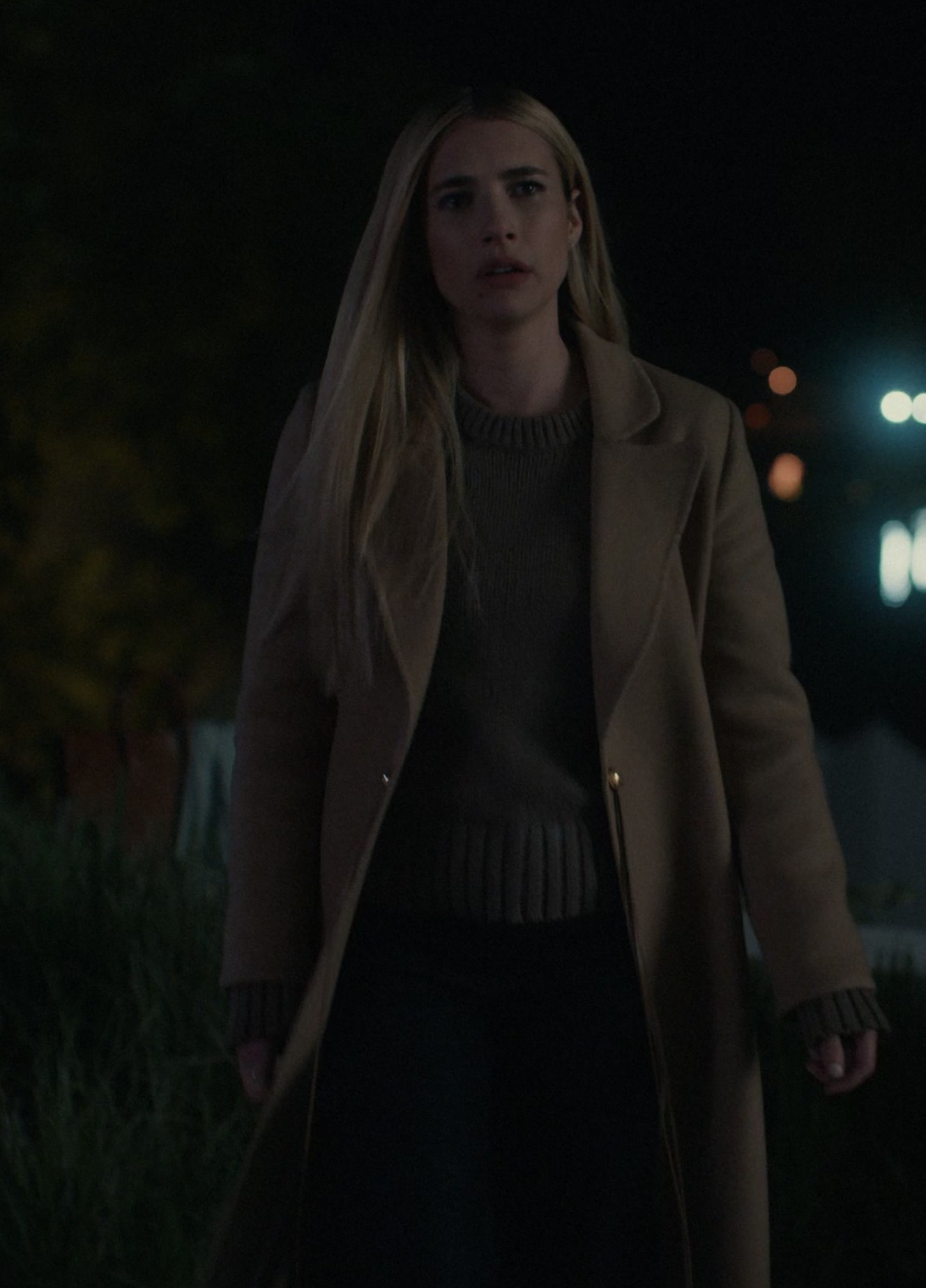Worn on American Horror Story TV Show - Tailored Beige Overcoat with Gold Button Details Worn by Emma Roberts as Anna Victoria Alcott